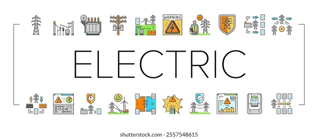 electric grid energy power icons set vector. tower transmission, utility industry, high pylon, voltage distribution, network electric grid energy power color line illustrations