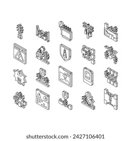 electric grid energy power isometric icons set. tower transmission, utility industry, high pylon, voltage distribution, network electric grid energy power color line