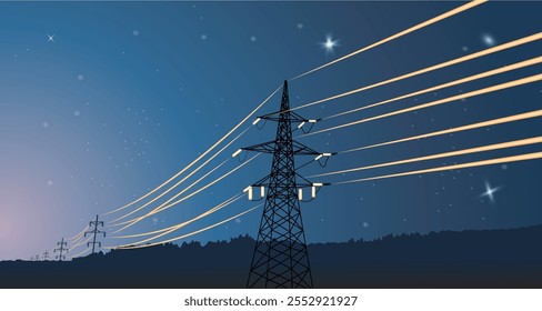 Electric grid with shiny wires, on a starry night sky