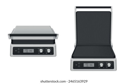 Electric grill open and closed contact pressure kitchen device set realistic vector illustration. Modern equipment appliance for preparing homemade barbecue meat fish sandwich and vegetables