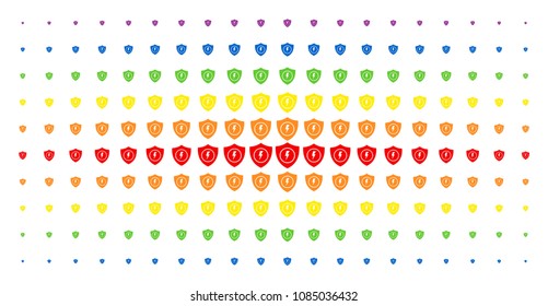 Electric guard icon rainbow colored halftone pattern. Vector electric guard shapes are organized into halftone matrix with vertical rainbow colors gradient. Designed for backgrounds, covers,