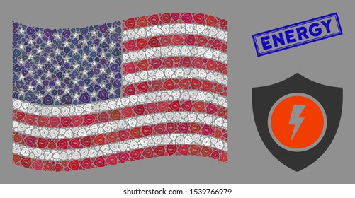 Electric guard icons are organized into American flag stylization with blue rectangle rubber stamp seal of Energy text.