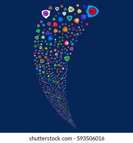 Electric Guard random fireworks stream. Vector illustration style is flat bright multicolored iconic symbols on a blue background. Object fountain combined from scattered pictograms.