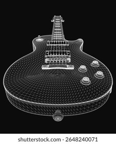 Electric guitar 3D model with sleek design and metallic finish, isolated on a black background for clean presentation. Royalty-free preview showcases detailed strings, frets, and pickups.