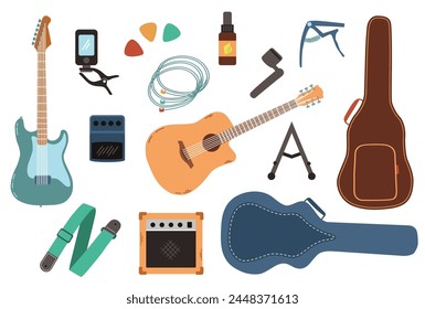 Guitarra eléctrica, guitarra acústica y accesorios. Conjunto grande - capo, caja, cinturón, picos, cuerdas. Ilustraciones vectoriales en estilo plano.