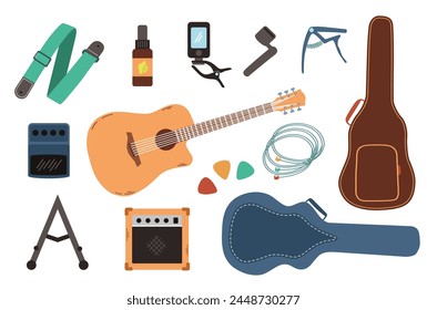 Guitarra eléctrica, guitarra acústica y accesorios. Conjunto grande - capo, caja, cinturón, picos, cuerdas. Ilustraciones vectoriales en estilo plano.