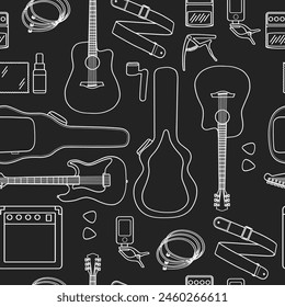 Electric guitar, acoustic guitar and accessories seamless black pattern. Capo, case, strap, picks, strings. 