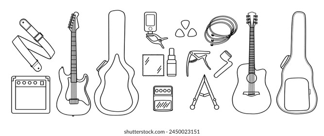 Electric guitar, acoustic guitar and accessories set. Capo, case, strap, picks, strings. Vector line art doodle elements collection.