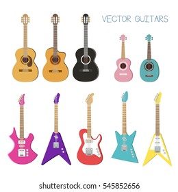 Electric guitar, acoustic (classic) guitar, bass guitar, ukulele. Popular music instruments set isolated on white