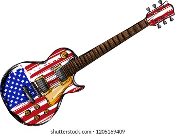 An Electric Guitar with American Flag Isolated on a White Background