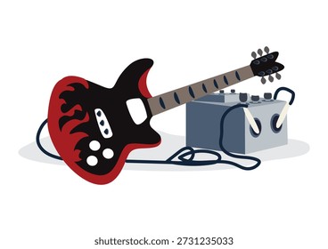 Guitarra eléctrica con un amplificador y un patrón de fuego en la parte inferior. Ilustraciones vectoriales de instrumentos musicales dibujadas a mano sobre un fondo blanco.