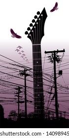 An electric guitar appears high and mighty among birds and telephone poles in this music vector background