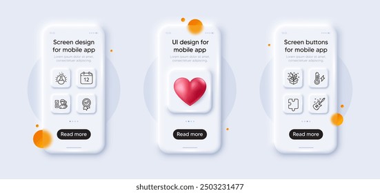 Electric guitar, Approved award and Electricity power line icons pack. 3d phone mockups with heart. Glass smartphone screen. Chemistry experiment, Puzzle, Creativity web icon. Vector