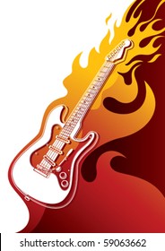 Electric guitar banner with stylized fire. Vector illustration.