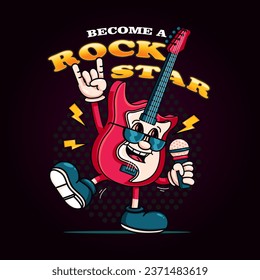 Electric guitar becomes a rock star. Great for logos, mascots, t-shirts, stickers and posters