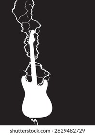 A electric guitar being struck by a lightning bolt in white silhouette on a black background