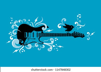 Electric guitar with bird vector illustration