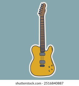 Electric guitar black with jack cable audio wire. Hand drawn rock music attribute, string instrument. Isolated vector illustration.