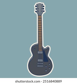 Electric guitar black with jack cable audio wire. Hand drawn rock music attribute, string instrument. Isolated vector illustration.