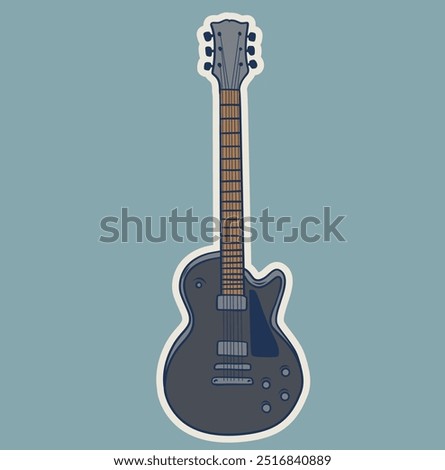 Electric guitar black with jack cable audio wire. Hand drawn rock music attribute, string instrument. Isolated vector illustration.