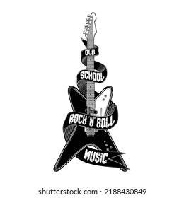 Electric guitar. Black and white illustration of a musical instrument on an isolated background. Symbol of rock-n-roll. Design for t shirt or poster print. Black tattoo.