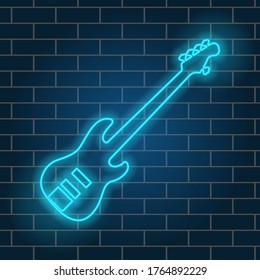 Electric guitar, blue neon glow. Musical instrument. Glowing line. Night signboard. Vector illustration.