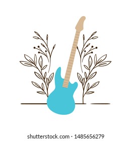 electric guitar with branches and leaves in the background