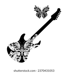 Diseño de camisetas de guitarra eléctrica y silueta de mariposa. Afiche de Glam rock.