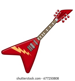 Electric guitar cartoon icon. Vector illustration of concert metal or rock-n-roll electro guitar red color and triangle shaped outlined