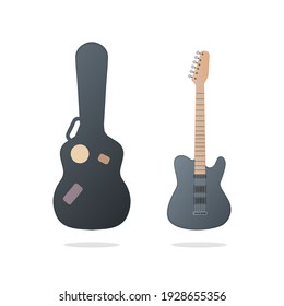 Electric guitar and case. Vector flat illustration. Isolated on white background.