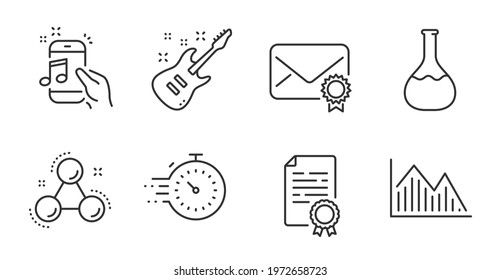 Electric guitar, Certificate diploma and Chemistry molecule line icons set. Music phone, Timer and Chemistry lab signs. Verified mail, Investment graph symbols. Quality line icons. Vector