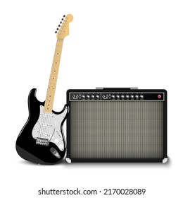 Electric guitar and classic guitar amplifier isolated on white background, vector illustration