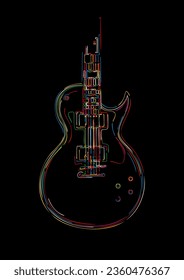 Electric guitar in colors, vector abstract template over black background