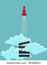 Electric Guitar concept with rockets starting in the sky. Vector illustration.