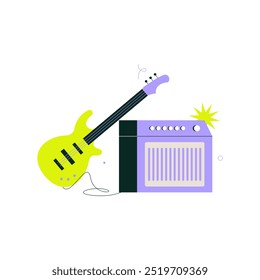 Electric guitar connected to an amplifier, representing music performance, sound amplification, and live concert setting. Flat vector illustration, isolated on white background.