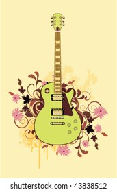 Electric guitar with design elements on a yellow background