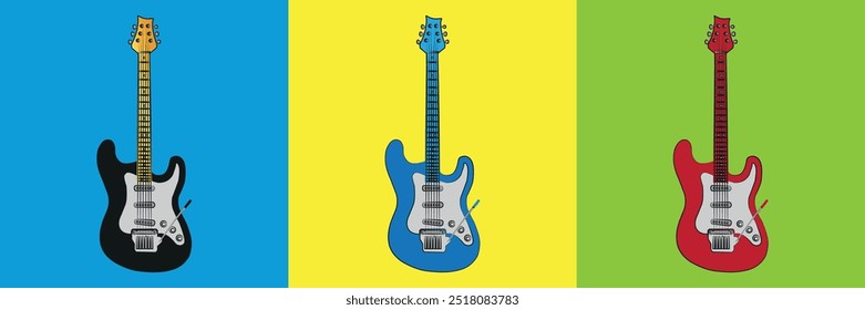 Electric Guitar with with different color variations, blue Guitar, red Guitar, black Guitar.