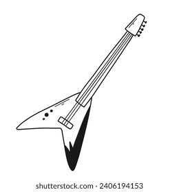 Electric guitar in doodle style. Bass guitar vector linear illustration isolated on white background.