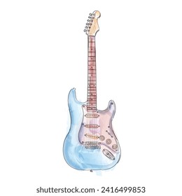 Electric guitar in doodle style.Watercolor. Guitar on a white background.Vector illustration.Blue guitar.