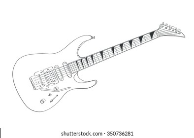 Electric Guitar Drawing On White. Line Art Vector Illustration