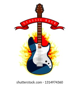 Electric guitar with a flame and ribbon. Classic rock music style. Vector illustration design