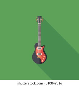Electric guitar flat square icon with long shadows.