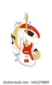 Electric guitar flat vector illustration. String musical instrument and notes isolated clipart. Rock musician professional equipment design element. Live music concert, show, band performance