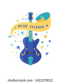 Electric guitar flat vector illustration with lettering. String musical instrument. Music festival typography on ribbon. Blues musician performance poster. Rock and roll live concert web banner