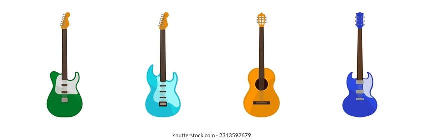 Electric Guitar as Fretted Musical Instrument with Strings Vector Set