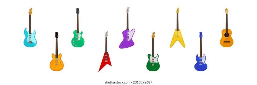 Electric Guitar as Fretted Musical Instrument with Strings Vector Set