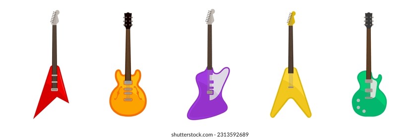 Electric Guitar as Fretted Musical Instrument with Strings Vector Set