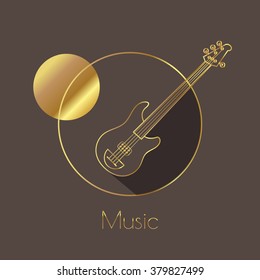Electric guitar golden line art icon on a dark brown background. Electric string musical instrument symbol. EPS 10.