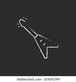 Electric guitar hand drawn in chalk on a blackboard vector white icon isolated on a black background.