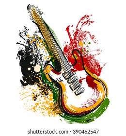 Electric guitar. Hand drawn grunge style art. Retro banner, card, t-shirt, bag, print, poster.Vintage colorful hand drawn vector illustration